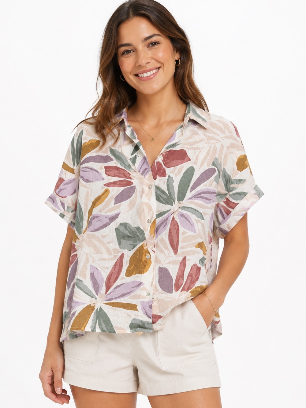 Nicole Miller 100% Linen Tropical Floral Button-Up Blouse | Size Large